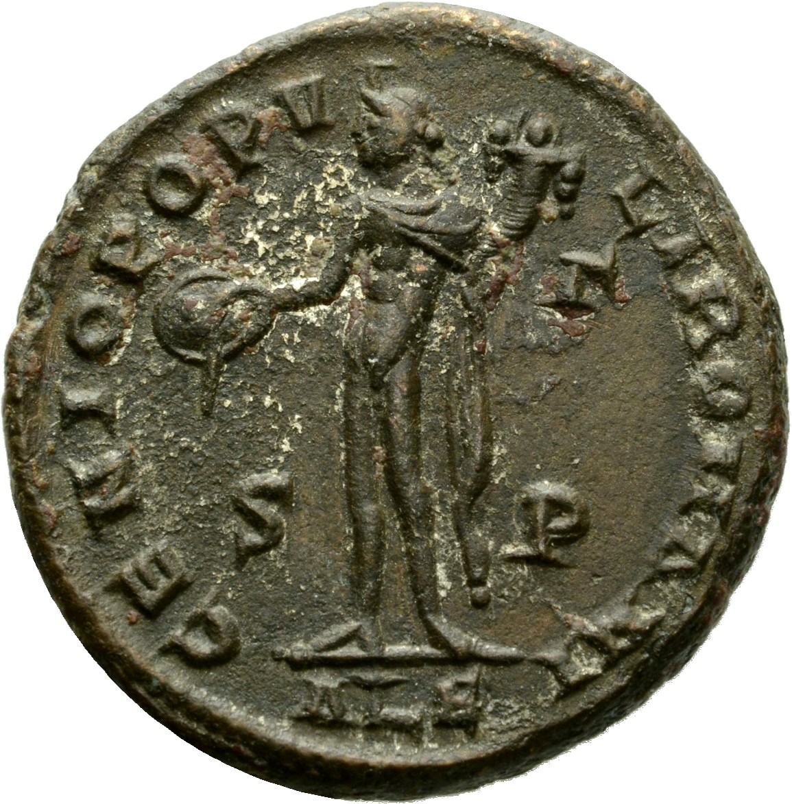 RIC VI Alexandria 34a Diocletian reverse, Genius, wearing modius, nude, chlamys draped over left shoulder, standing left, ...