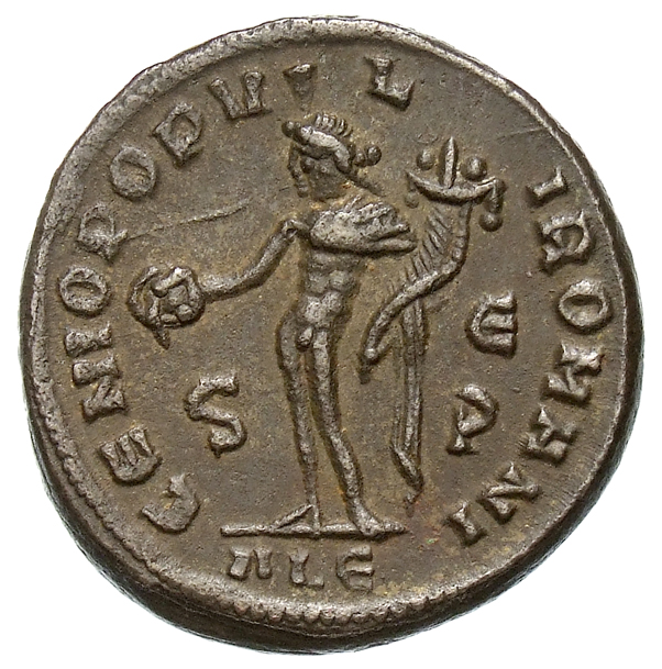 RIC VI Alexandria 34a Diocletian reverse — Genius, wearing modius, nude, chlamys draped over left shoulder, standing left,...