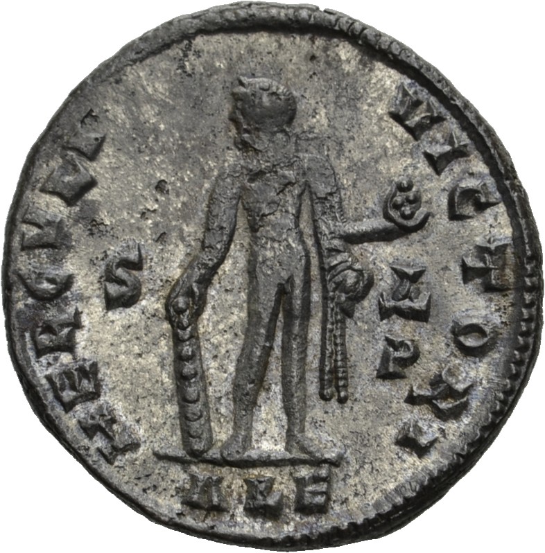 RIC VI Alexandria 40 Diocletian reverse, Hercules, standing front, head left, leaning on club with right hand and holding ...