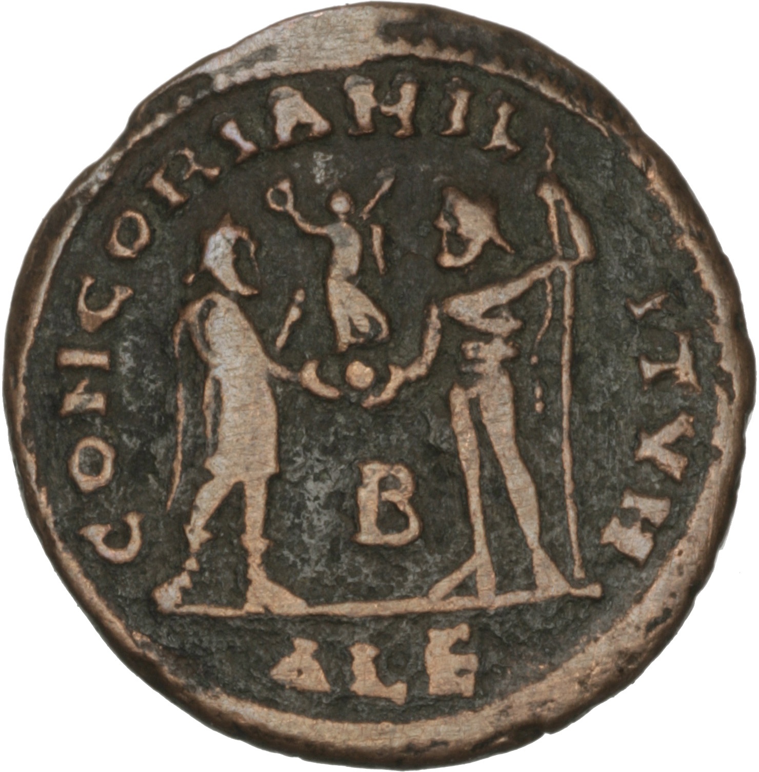 RIC VI Alexandria 46a Diocletian reverse, Diocletian, draped, cuirassed, standing right, receiving small Victory on globe ...