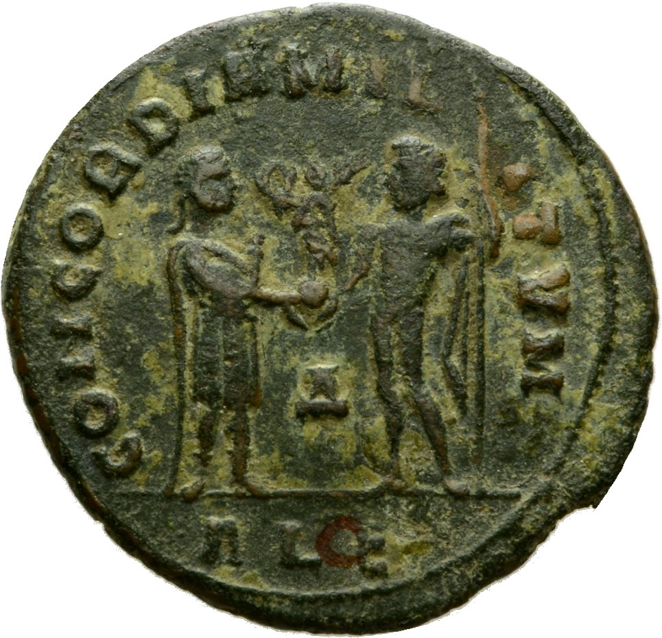 RIC VI Alexandria 46b Diocletian reverse, Maximian, draped, cuirassed, standing right, receiving small Victory on globe fr...