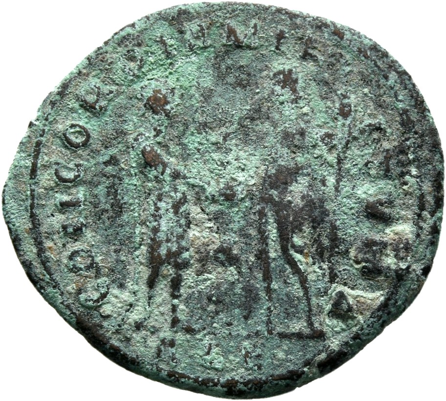 RIC VI Alexandria 46b Diocletian reverse — Maximian, draped, cuirassed, standing right, receiving small Victory on globe f...
