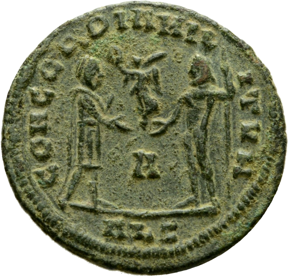RIC VI Alexandria 47 Diocletian reverse — Diocletian, draped, cuirassed, standing right, receiving small Victory on globe ...