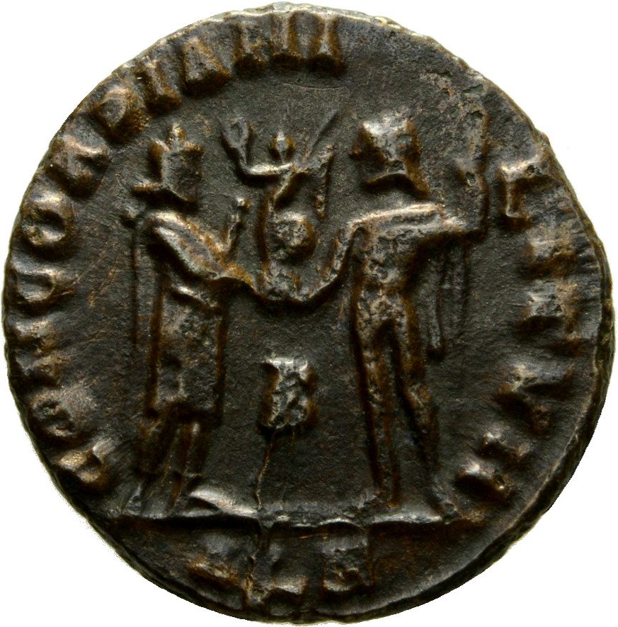 RIC VI Alexandria 48a Diocletian reverse, Constantius Chlorus, draped, cuirassed, standing right, receiving small Victory ...