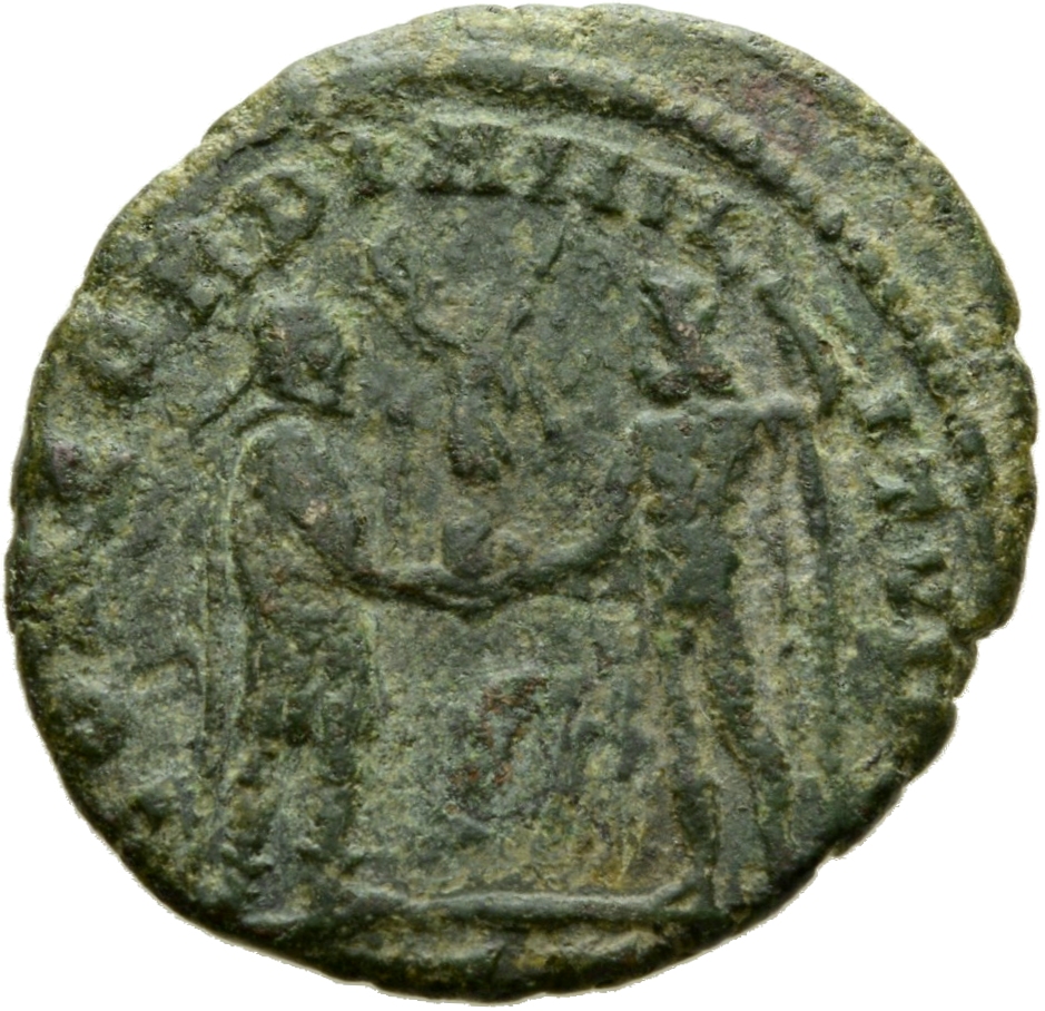 RIC VI Alexandria 48a Diocletian reverse — Constantius Chlorus, draped, cuirassed, standing right, receiving small Victory...