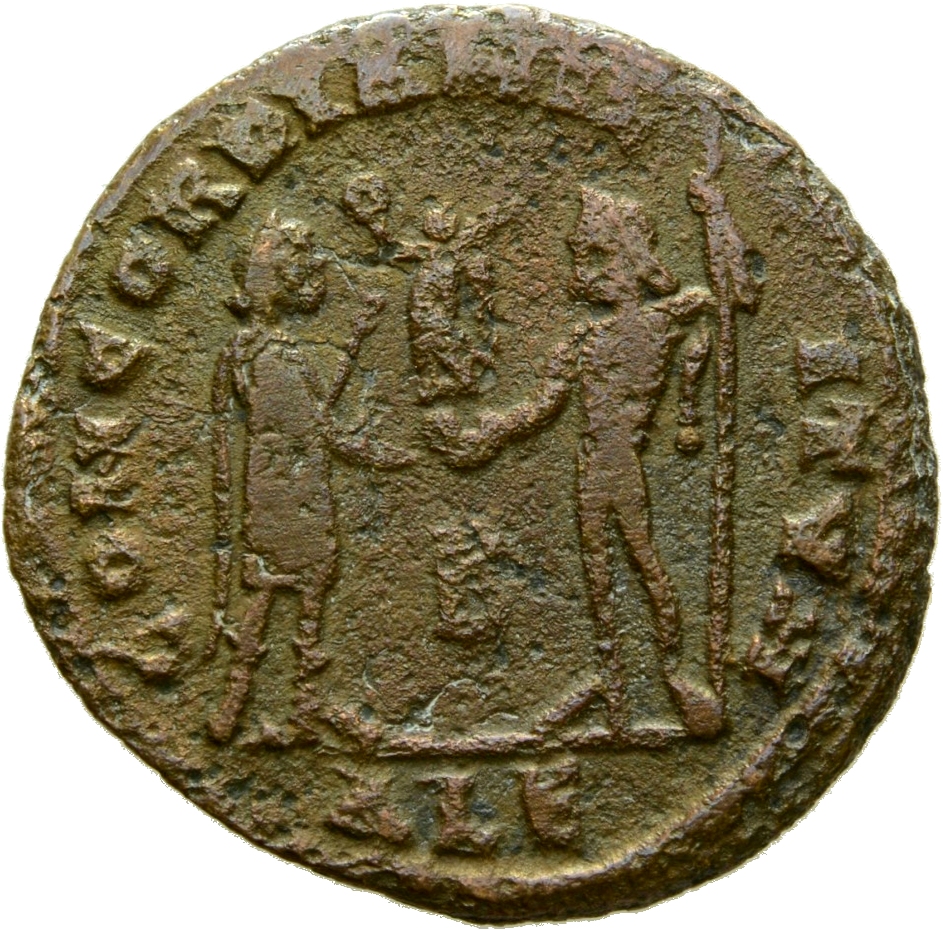 RIC VI Alexandria 48b Diocletian reverse, Galerius, draped, cuirassed, standing right, receiving small Victory on globe fr...