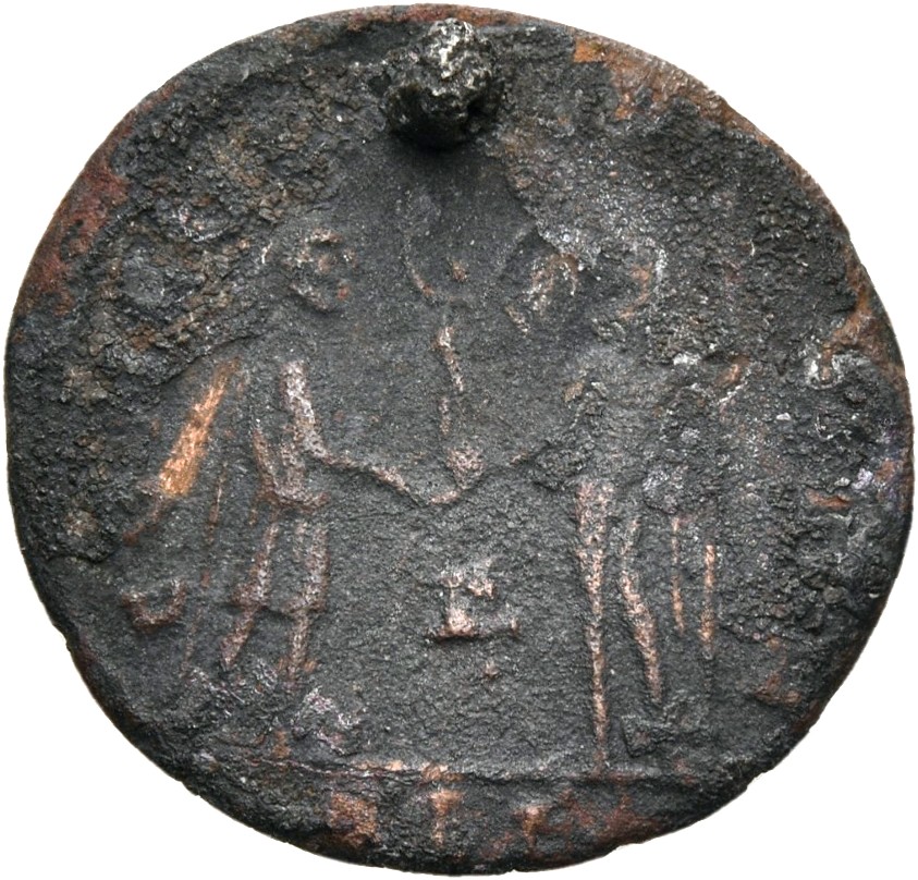 RIC VI Alexandria 48b Diocletian reverse — Galerius, draped, cuirassed, standing right, receiving small Victory on globe f...
