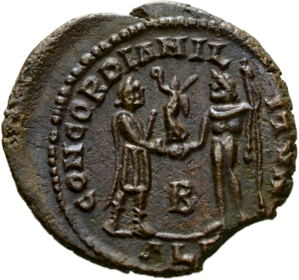 RIC VI Alexandria 59a Maximinus Daia reverse, Constantius Chlorus, draped, cuirassed, standing right, receiving small Vict...
