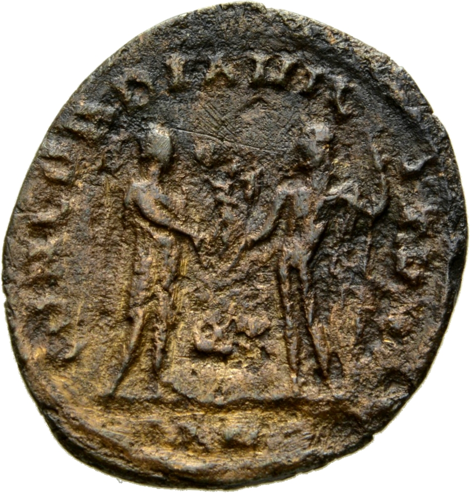 RIC VI Alexandria 59a Maximinus Daia reverse — Constantius Chlorus, draped, cuirassed, standing right, receiving small Vic...