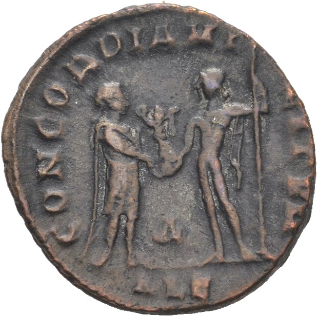 RIC VI Alexandria 59b Maximinus Daia reverse, Galerius, draped, cuirassed, standing right, receiving small Victory on glob...