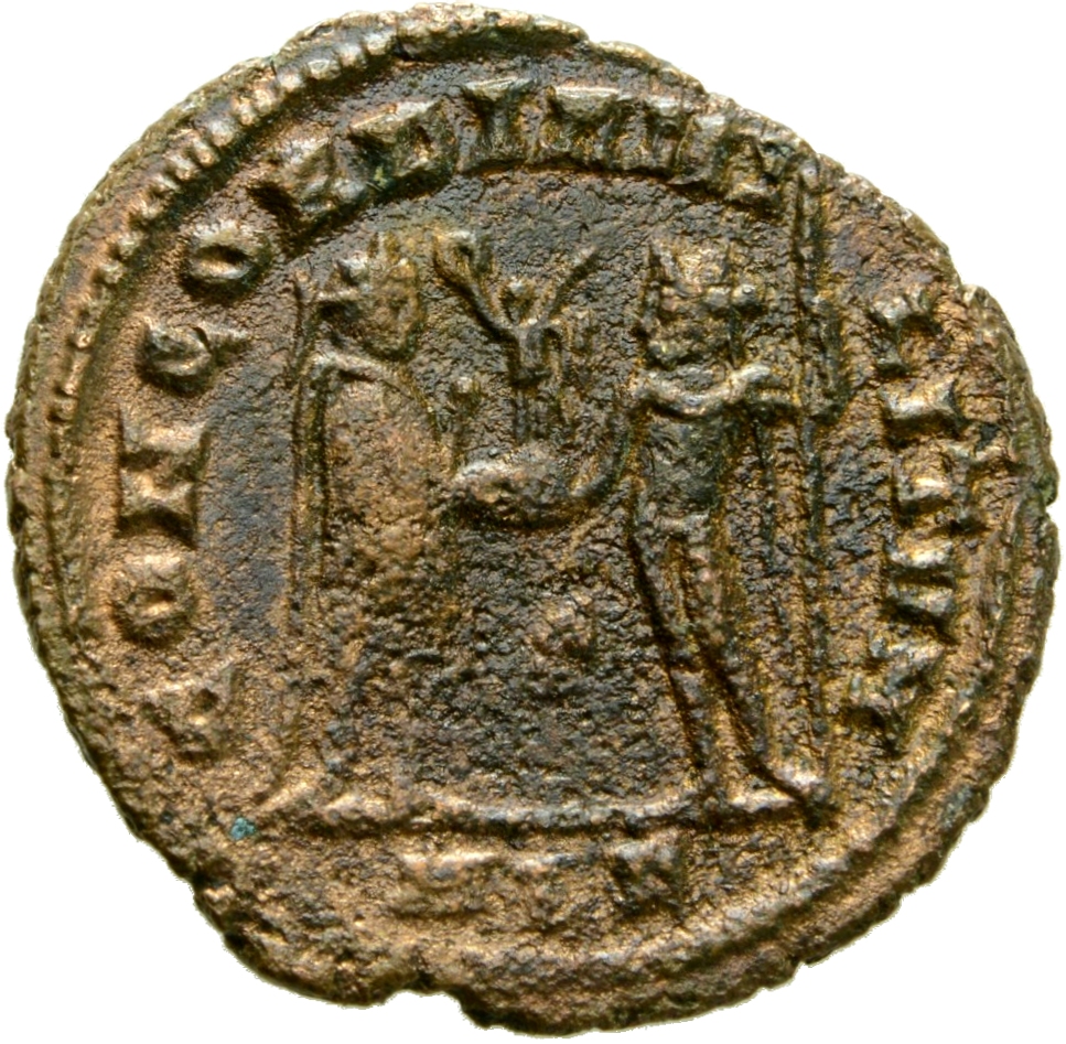 RIC VI Alexandria 60a Maximinus Daia reverse, Severus II, draped, cuirassed, standing right, receiving small Victory on gl...