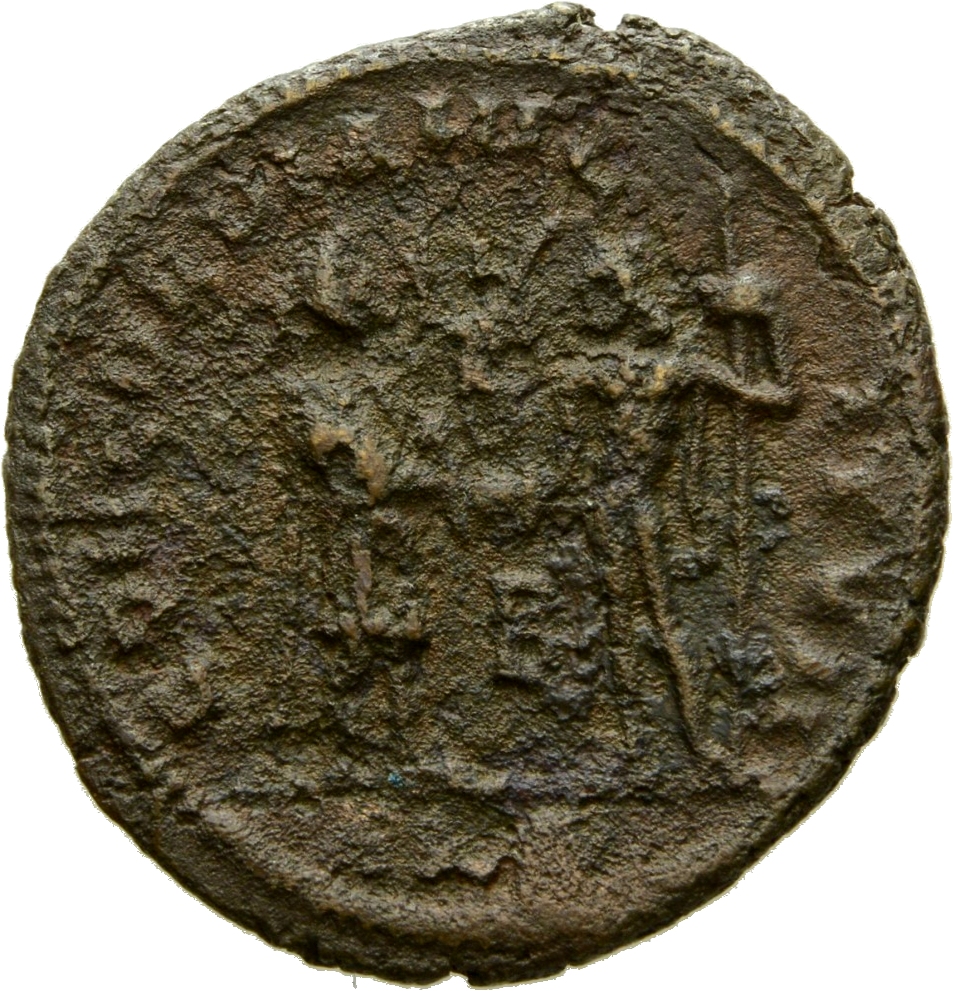 RIC VI Alexandria 60a Maximinus Daia reverse — Severus II, draped, cuirassed, standing right, receiving small Victory on g...