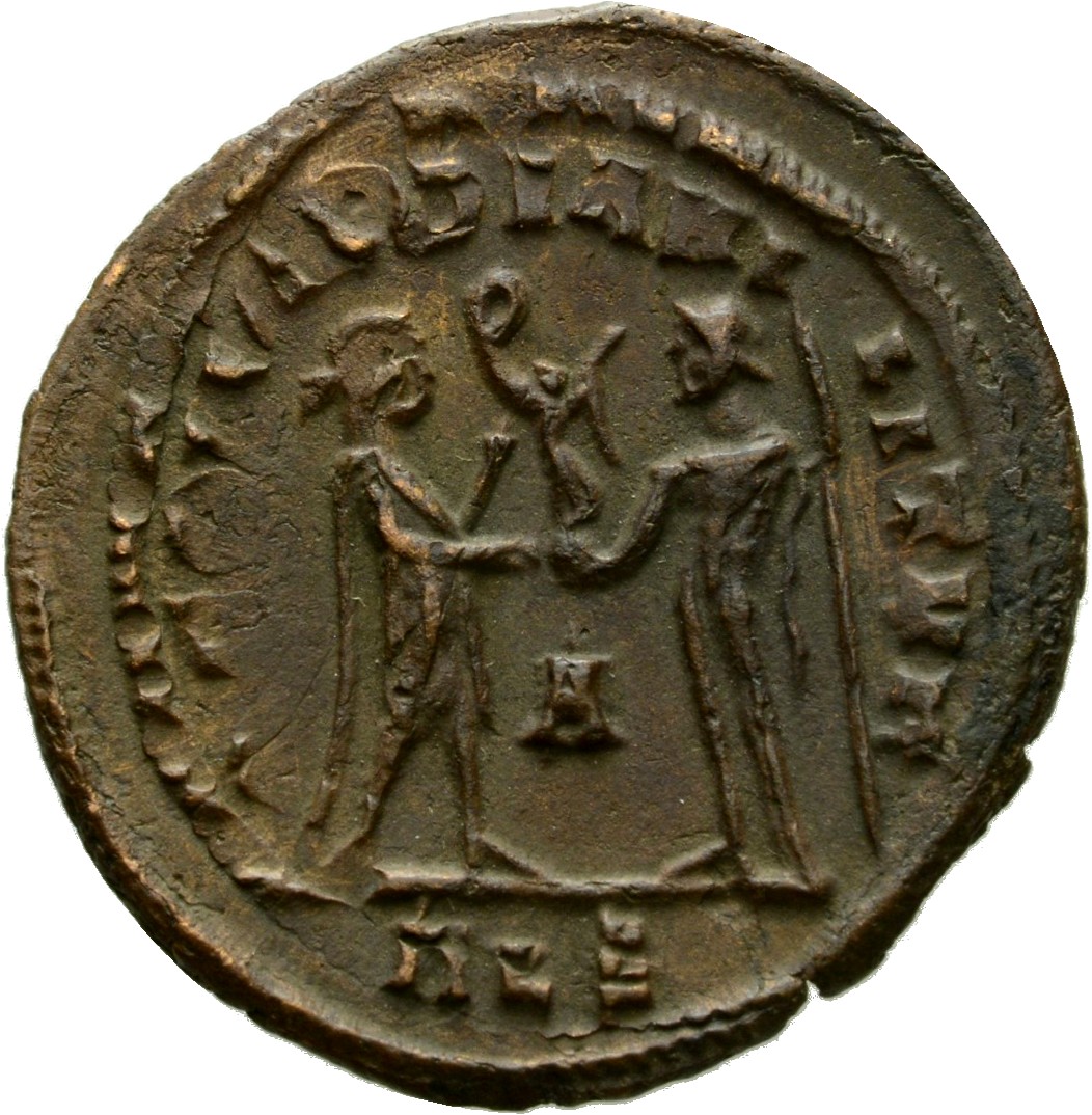 RIC VI Alexandria 60b Maximinus Daia reverse, Maximinus Daia, draped, cuirassed, standing right, receiving small Victory o...