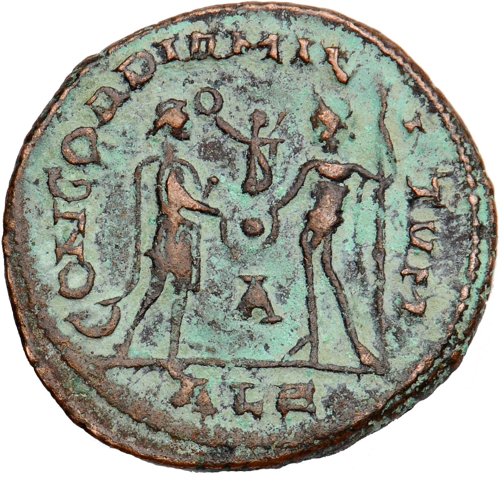 RIC VI Alexandria 60b Maximinus Daia reverse — Maximinus Daia, draped, cuirassed, standing right, receiving small Victory ...