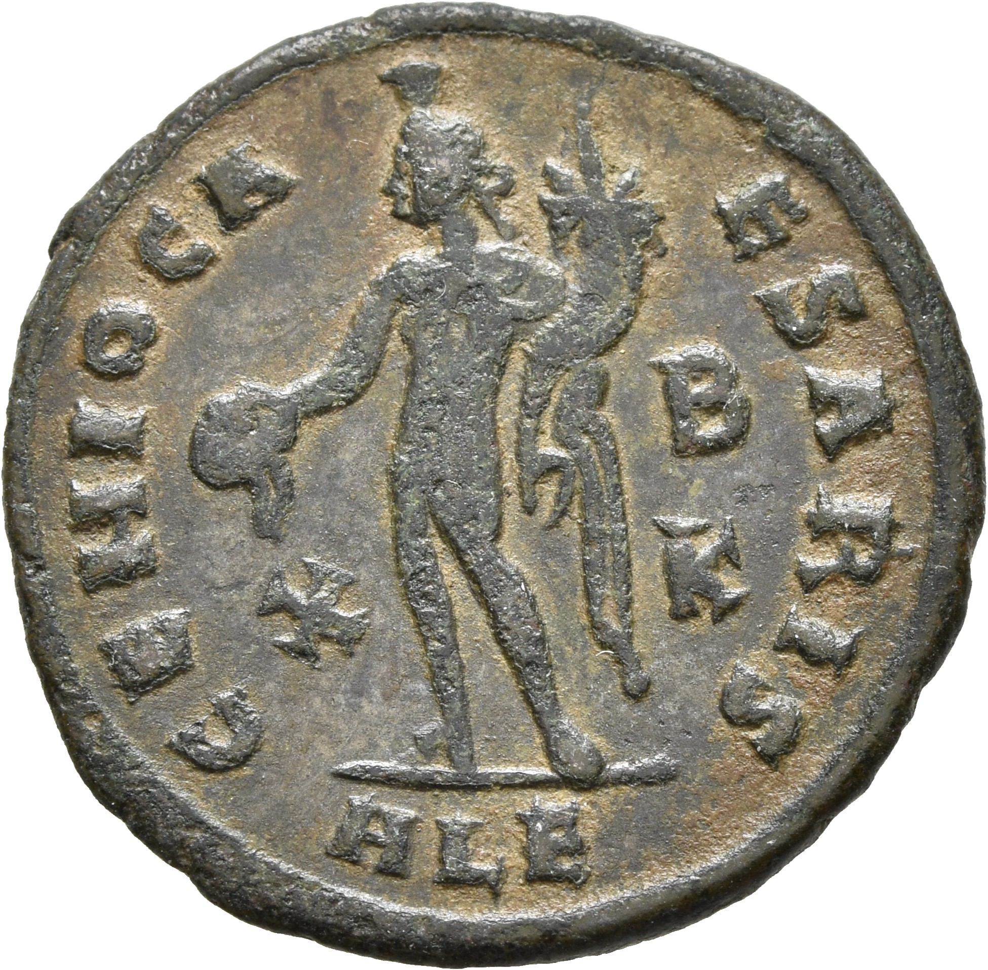 RIC VI Alexandria 78 Maximinus Daia reverse, Genius, wearing modius, nude, chlamys draped over left shoulder, standing lef...
