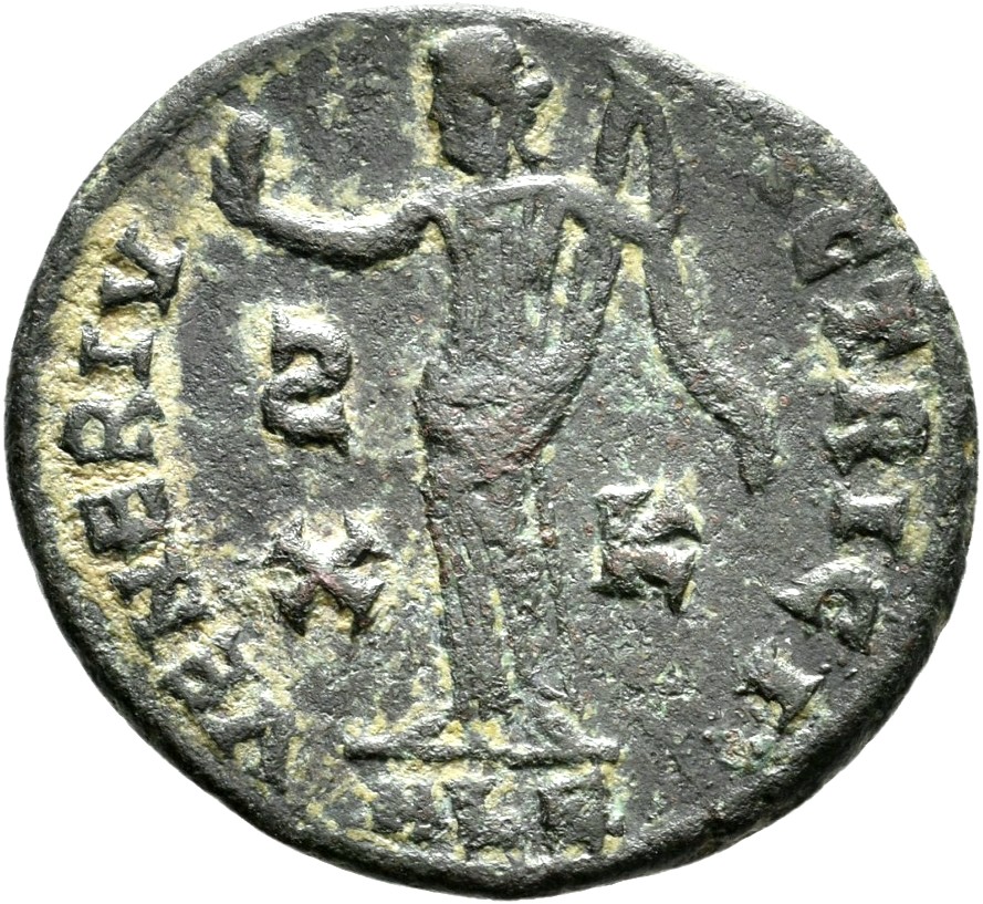 RIC VI Alexandria 81 Maximinus Daia reverse — Venus, draped, standing front, head left, holding up apple with right hand, ...