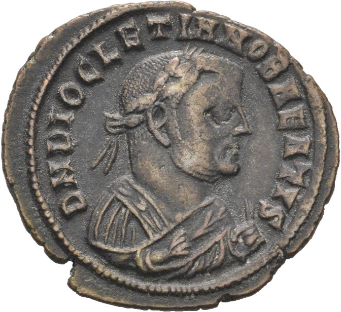 RIC VI Alexandria 92a Maximinus Daia obverse, Bust of Diocletian, laureate, wearing imperial mantle, right, raising right ...