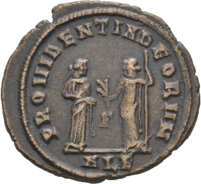 RIC VI Alexandria 92a Maximinus Daia reverse, Providentia, draped, standing right, extending right hand to Quies; Quies, d...
