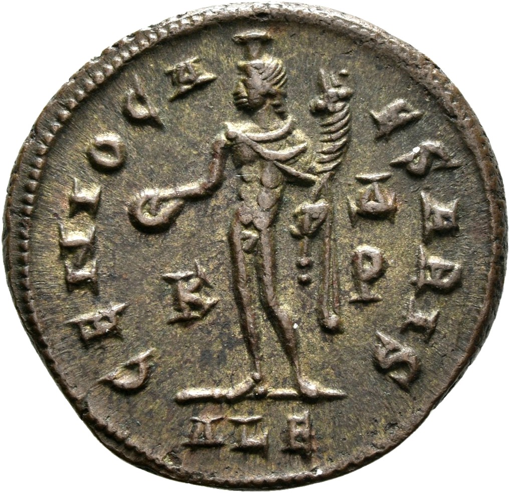 RIC VI Alexandria 99a Maximinus Daia reverse, Genius, wearing modius, nude, chlamys draped over left shoulder, standing le...
