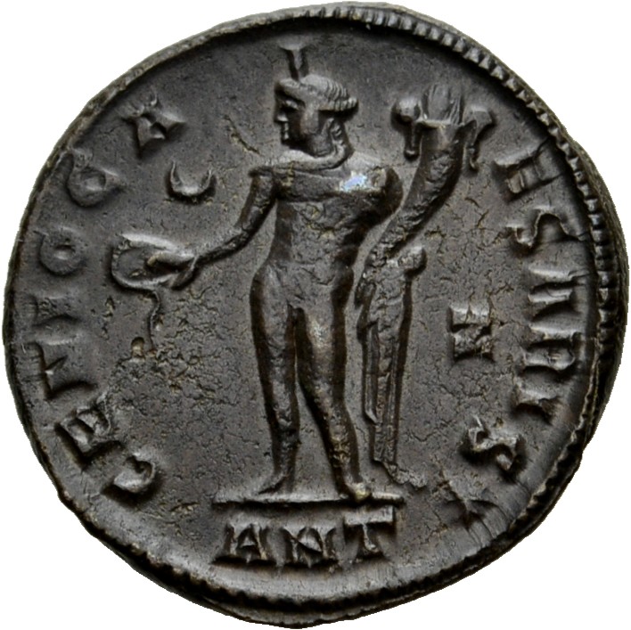 RIC VI Antioch 103 Maximinus Daia reverse, Genius, wearing modius, nude, chlamys draped over left shoulder, standing left,...