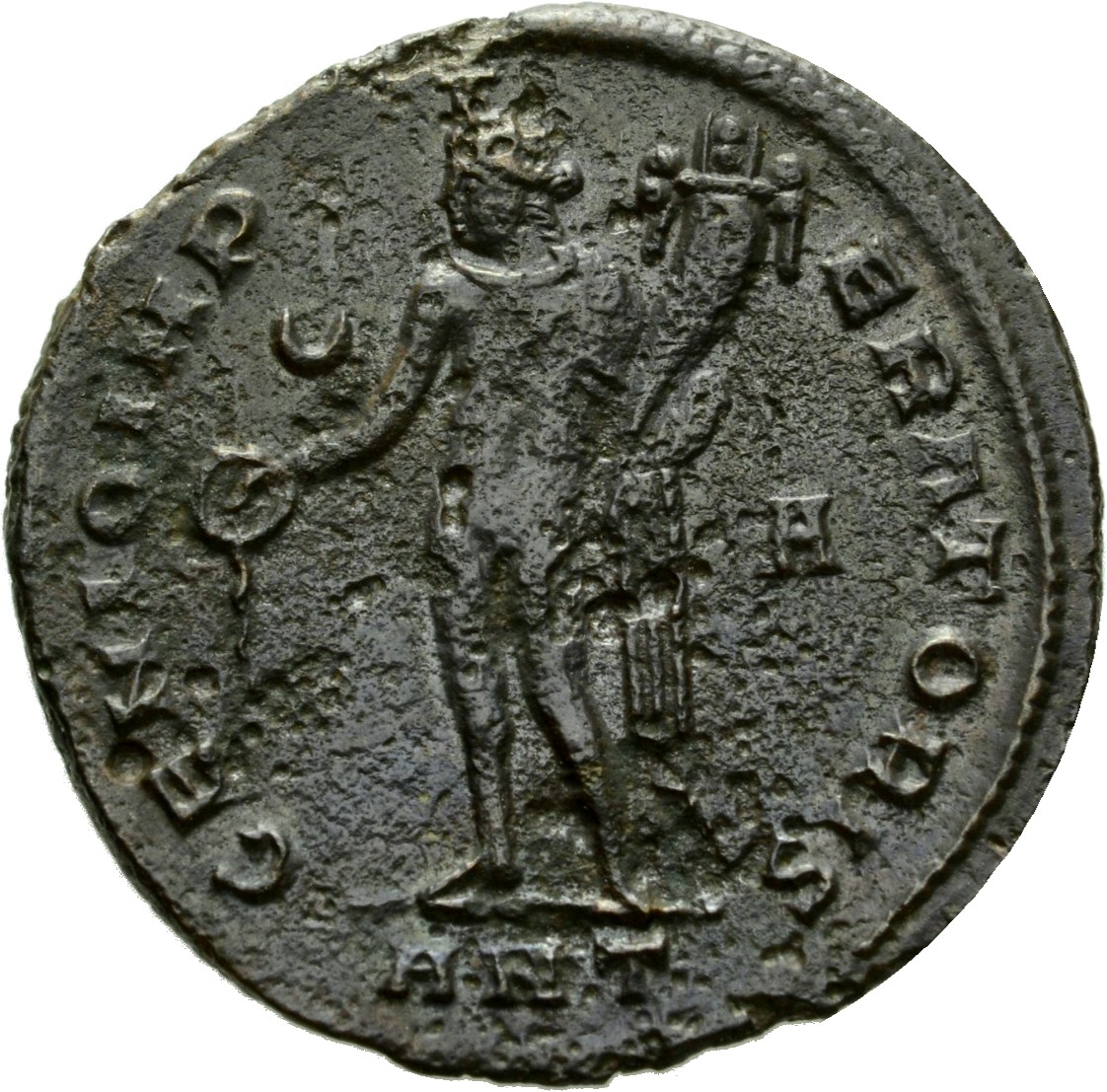 RIC VI Antioch 106b Maximinus Daia reverse, Genius, wearing modius, nude, chlamys draped over left shoulder, standing left...