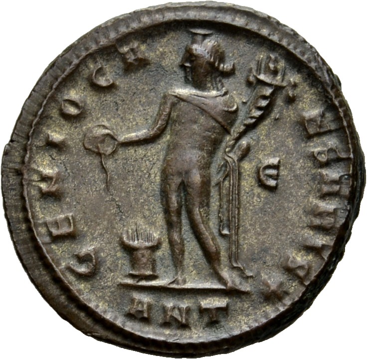 RIC VI Antioch 118a Maximinus Daia reverse, Genius, wearing modius, nude, chlamys draped over left shoulder, standing left...