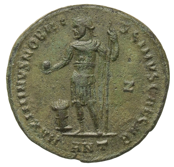 RIC VI Antioch 120 Maximinus Daia reverse, Maximinus Daia, draped, cuirassed, standing front, head left, holding globe in ...
