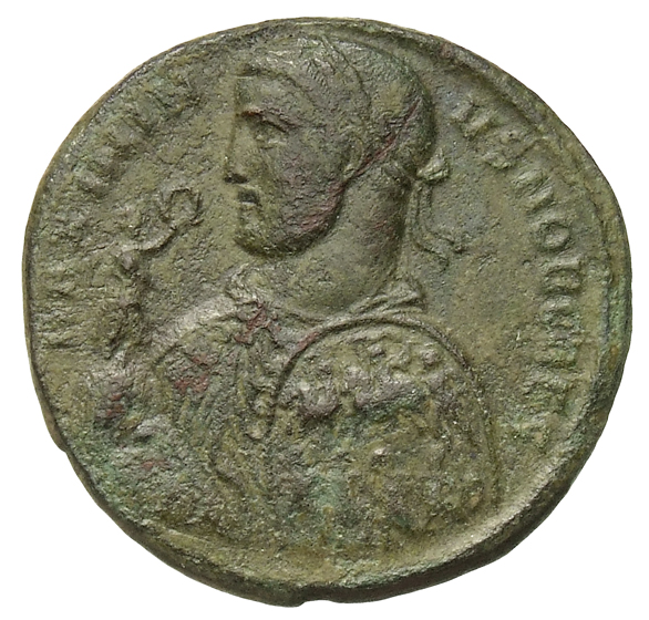 RIC VI Antioch 120 Maximinus Daia obverse, Bust of Maximinus Daia, helmeted, cuirassed, left, holding spear over right sho...