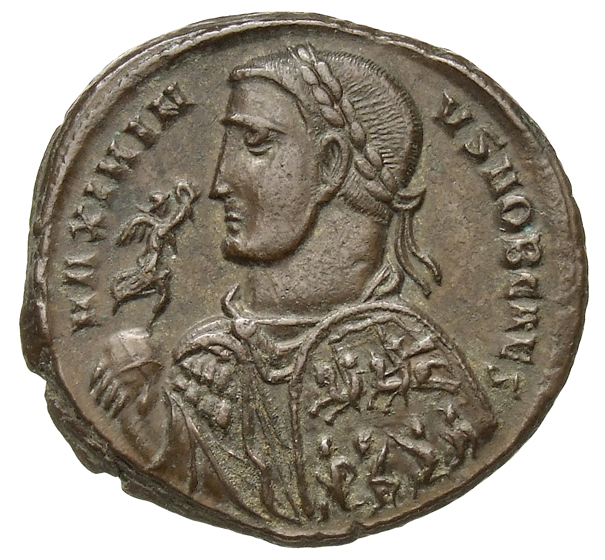 RIC VI Antioch 135 Maximinus Daia obverse, Bust of Maximinus Daia, laureate, draped, cuirassed, left, holding Victory on g...