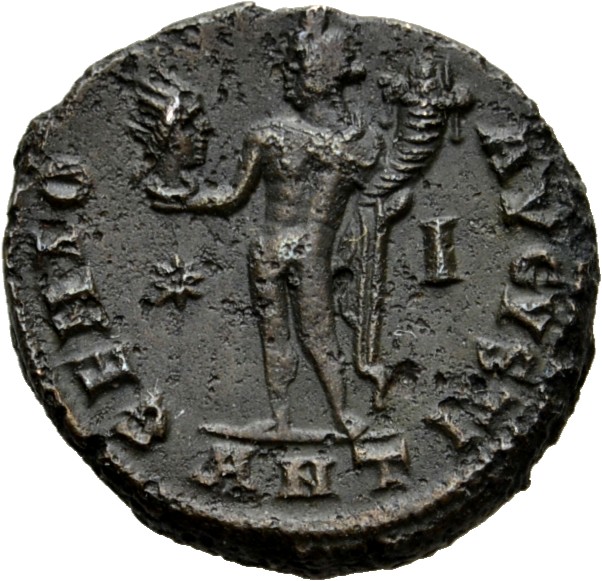 RIC VI Antioch 164b Maximinus Daia reverse, Genius, wearing modius, nude, chlamys draped over left shoulder, standing left...