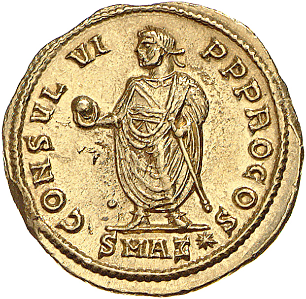 RIC VI Antioch 17 Diocletian reverse, Maximian, laureate, togate, standing front, head left, holding out globe with right ...
