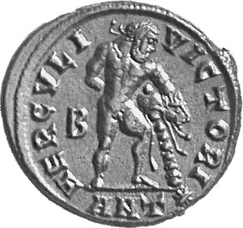 RIC VI Antioch 170b Maximinus Daia reverse, Hercules, standing right, leaning on lion's skin on club