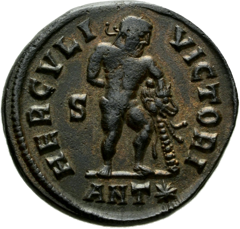 RIC VI Antioch 170b Maximinus Daia reverse — Hercules, standing right, leaning on lion's skin on club