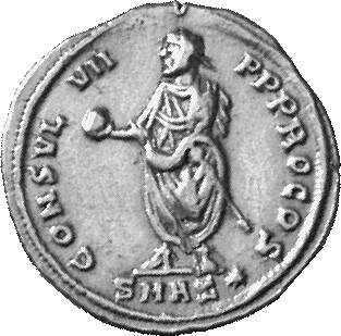 RIC VI Antioch 20 Diocletian reverse, Diocletian, laureate, togate, standing front, head left, holding out globe with righ...