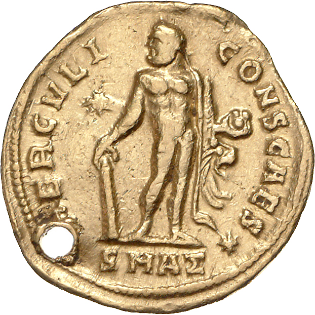 RIC VI Antioch 24 Diocletian reverse, Hercules, standing front, head left, leaning on club with right hand and holding up ...