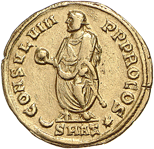 RIC VI Antioch 30 Diocletian reverse, Maximian, laureate, togate, standing front, head left, holding out globe with right ...