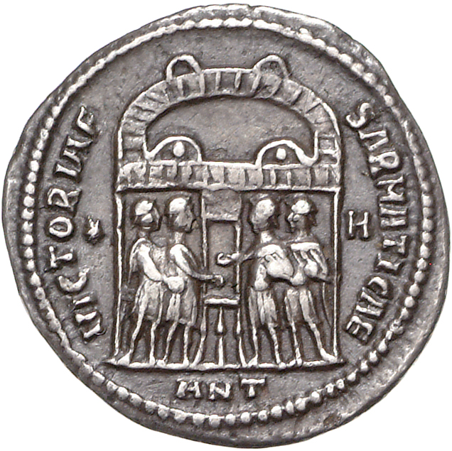 RIC VI Antioch 33b Diocletian reverse, Diocletian, Maximian, Constantius Chlorus, and Galerius, draped, sacrificing over t...