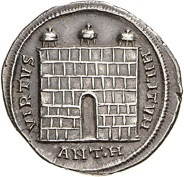 RIC VI Antioch 39a Diocletian reverse, Camp gate, three turrets, open, no doors