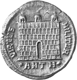 RIC VI Antioch 43a Diocletian reverse, Camp gate, three turrets, open, no doors