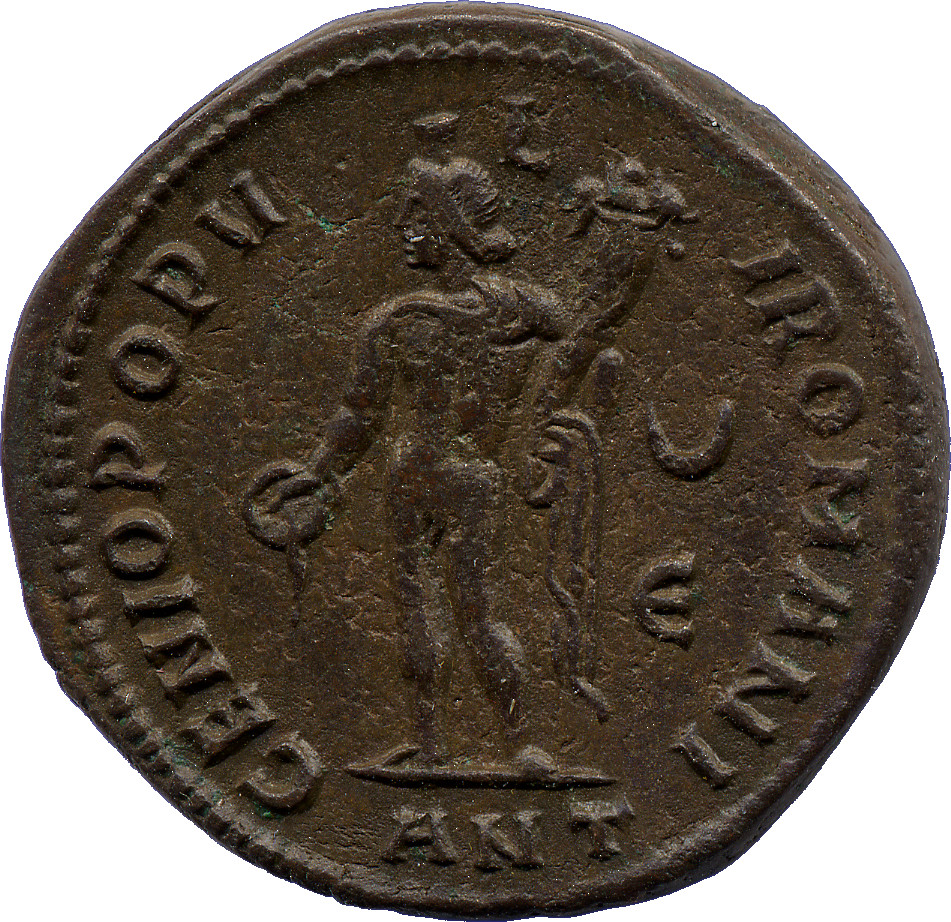 RIC VI Antioch 44a Diocletian reverse, Genius, wearing modius, nude, chlamys draped over left shoulder, standing left, pou...