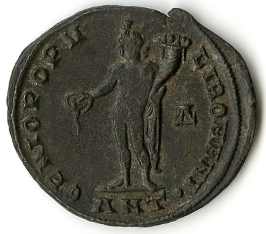 RIC VI Antioch 44b Diocletian reverse, Genius, wearing modius, nude, chlamys draped over left shoulder, standing left, pou...