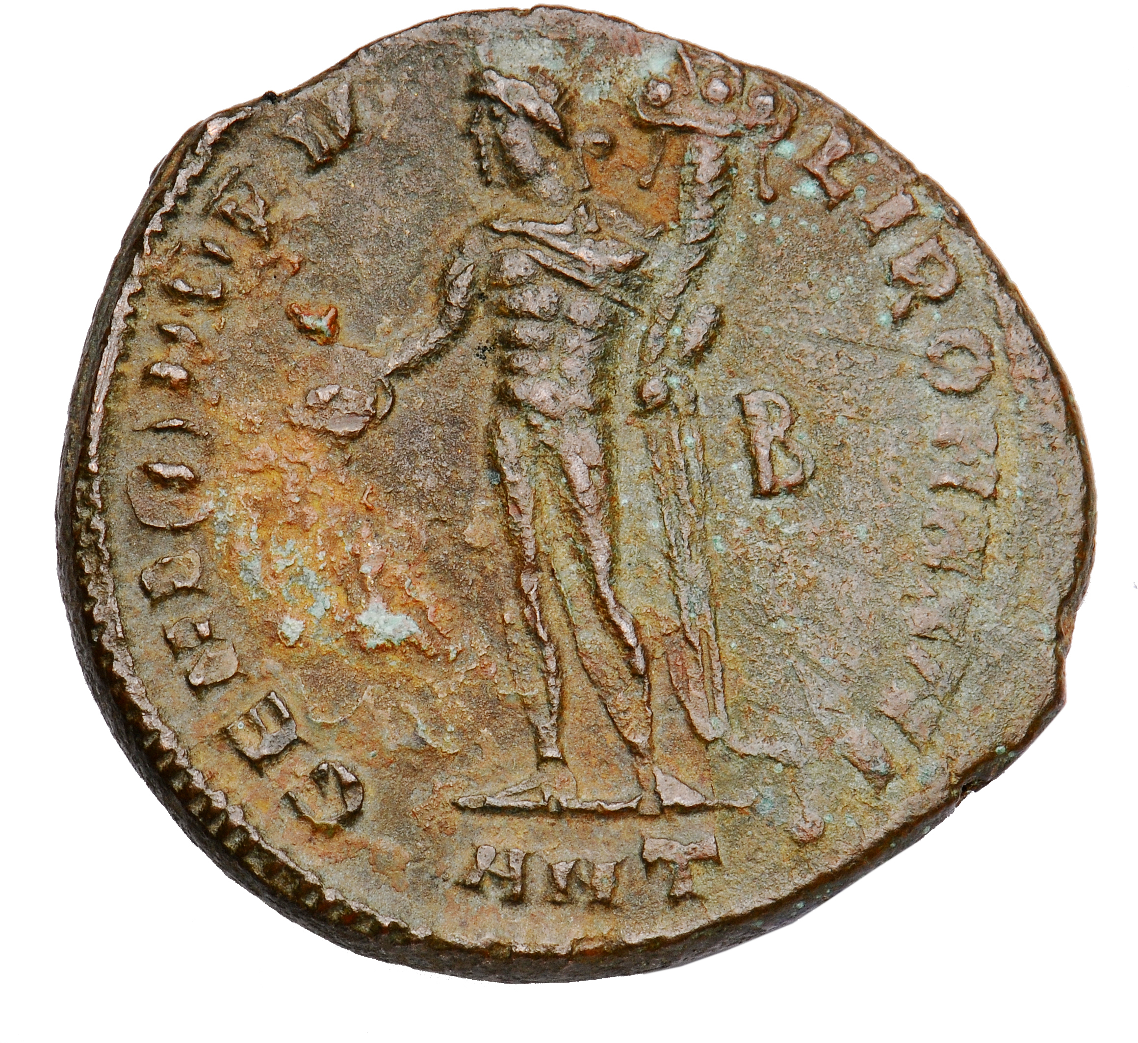 RIC VI Antioch 52b Diocletian reverse, Genius, wearing modius, nude, chlamys draped over left shoulder, standing left, pou...
