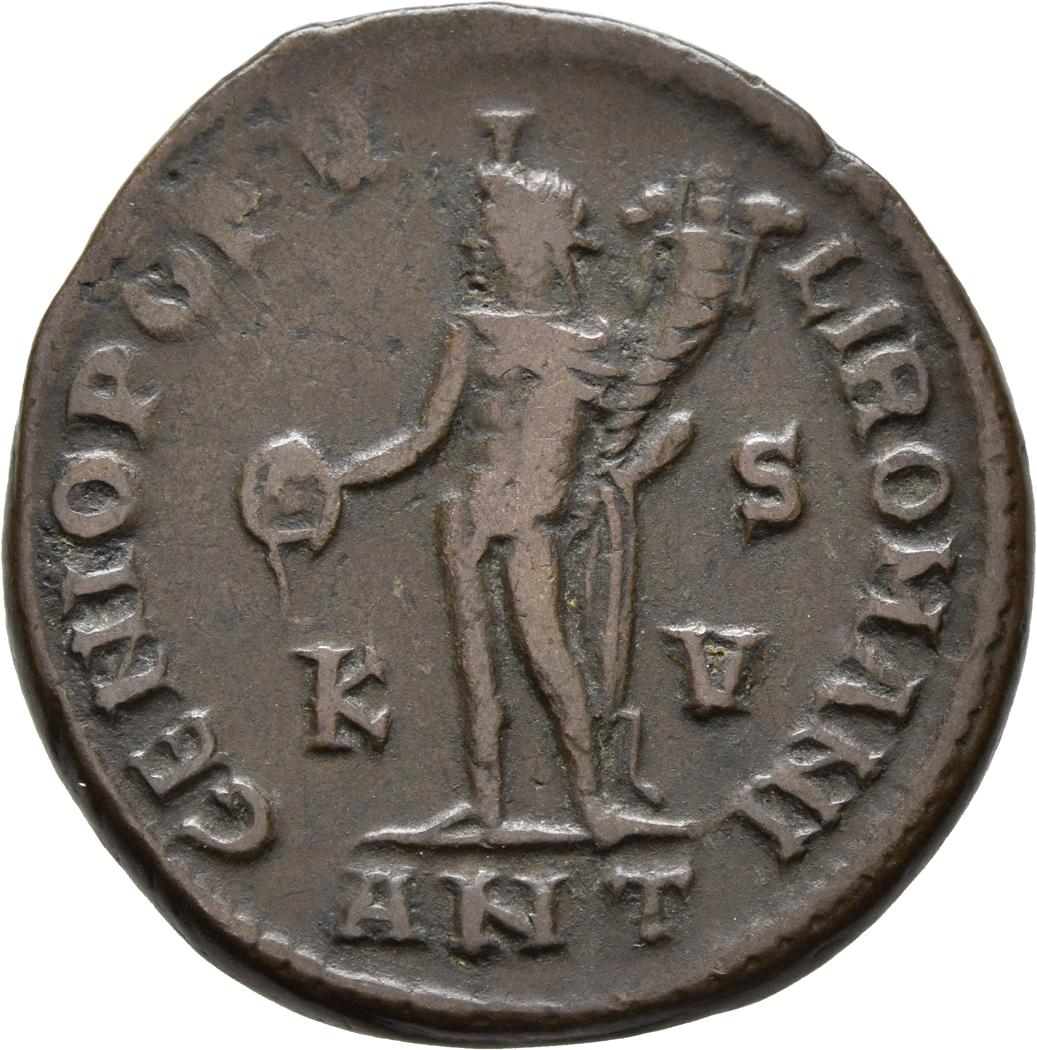 RIC VI Antioch 54a Diocletian reverse, Genius, wearing modius, nude, chlamys draped over left shoulder, standing left, pou...