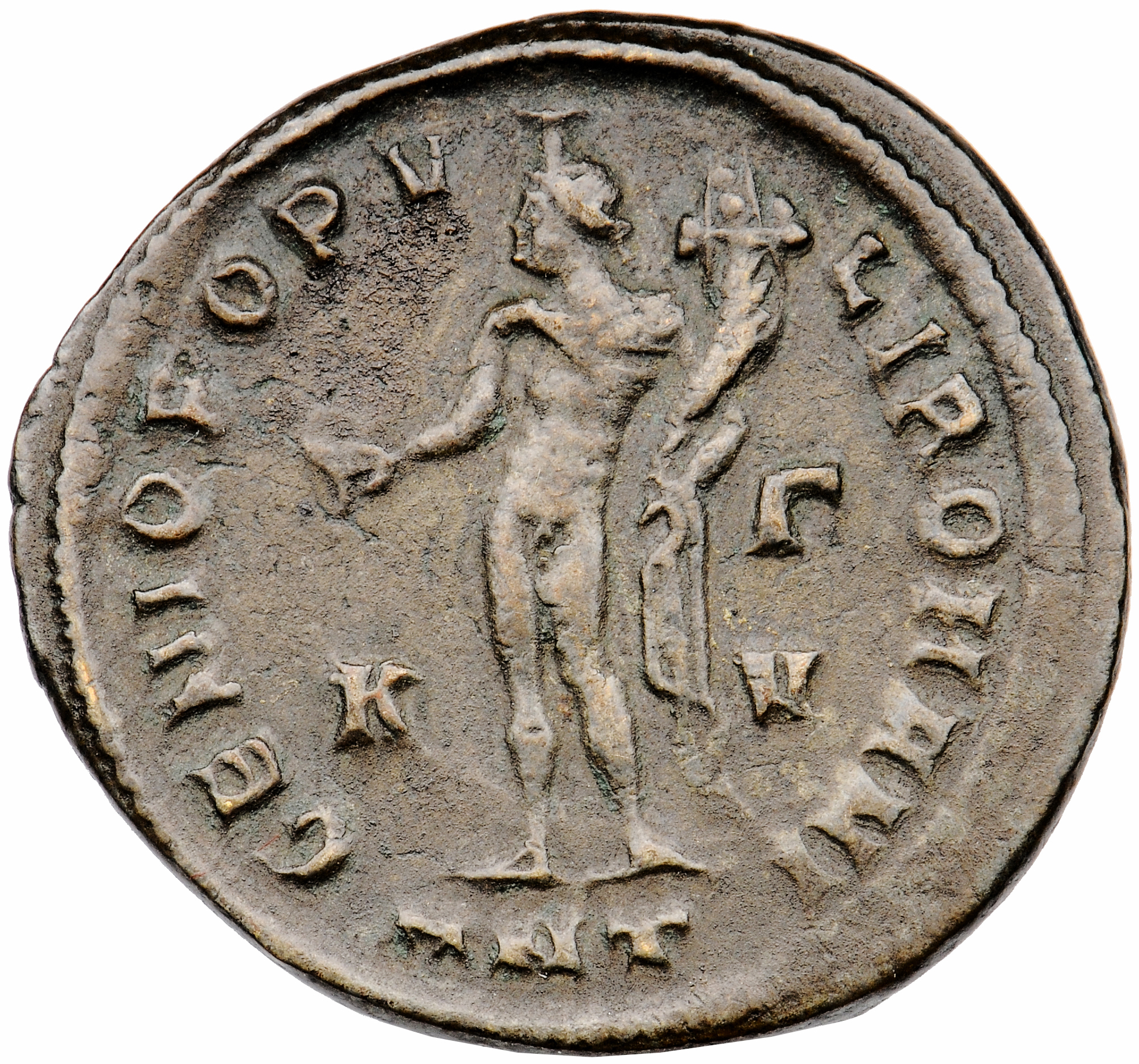 RIC VI Antioch 55a Diocletian reverse, Genius, wearing modius, nude, chlamys draped over left shoulder, standing left, pou...