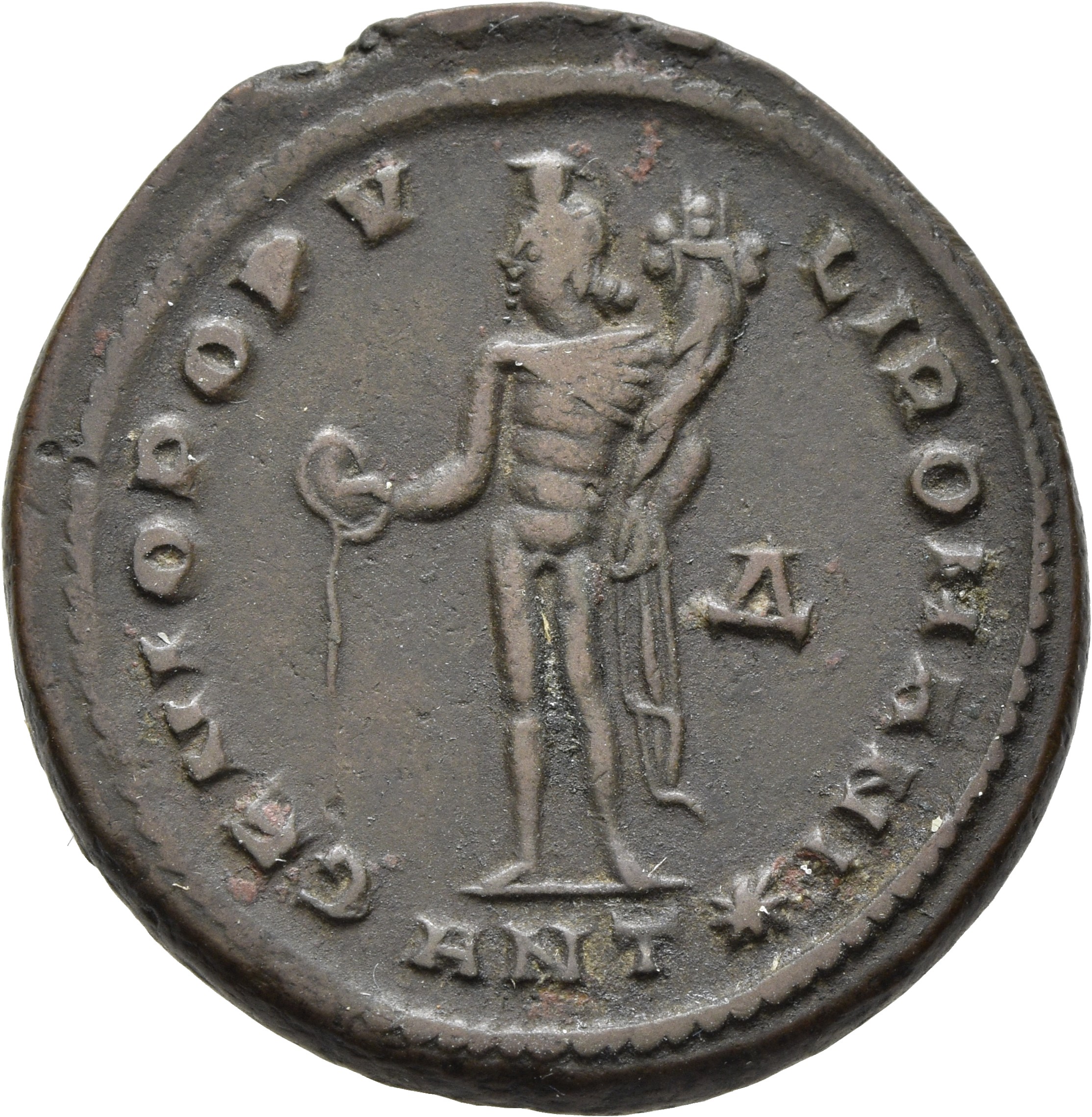 RIC VI Antioch 57a Diocletian reverse, Genius, wearing modius, nude, chlamys draped over left shoulder, standing left, pou...