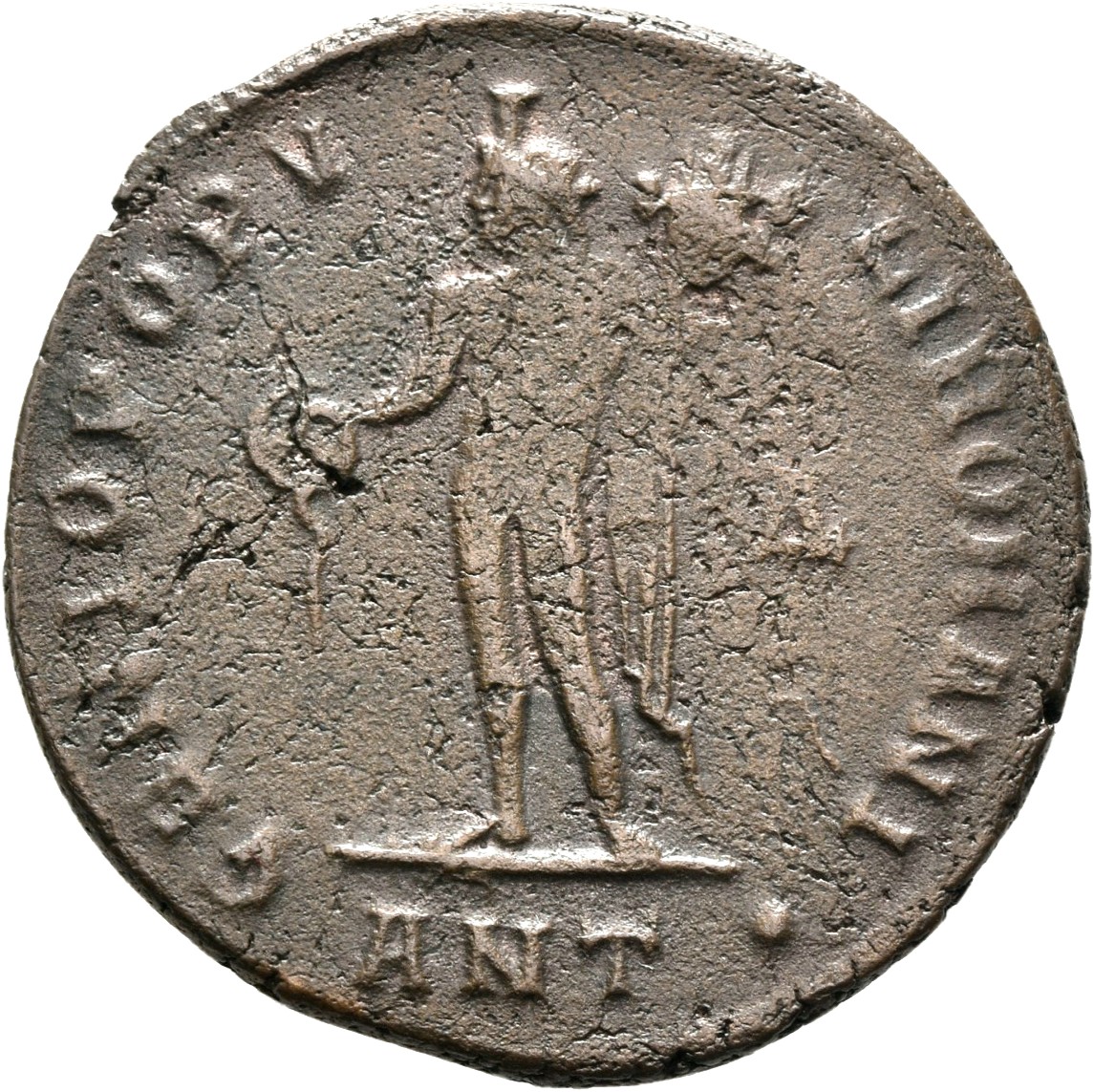 RIC VI Antioch 58b Diocletian reverse, Genius, wearing modius, nude, chlamys draped over left shoulder, standing left, pou...