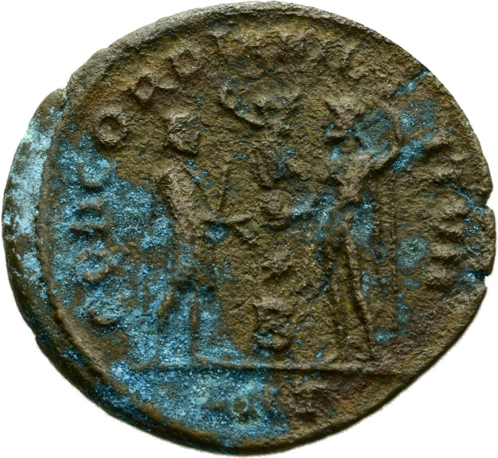 RIC VI Antioch 60a Diocletian reverse, Diocletian, draped, cuirassed, standing right, receiving small Victory on globe fro...