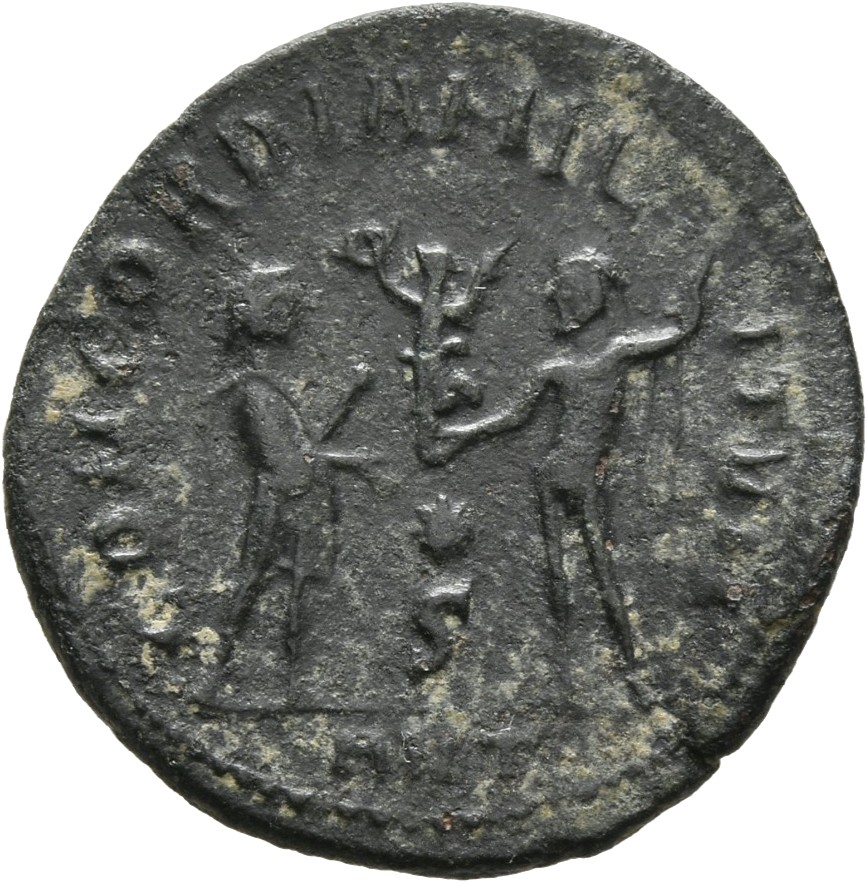 RIC VI Antioch 60a Diocletian reverse — Diocletian, draped, cuirassed, standing right, receiving small Victory on globe fr...