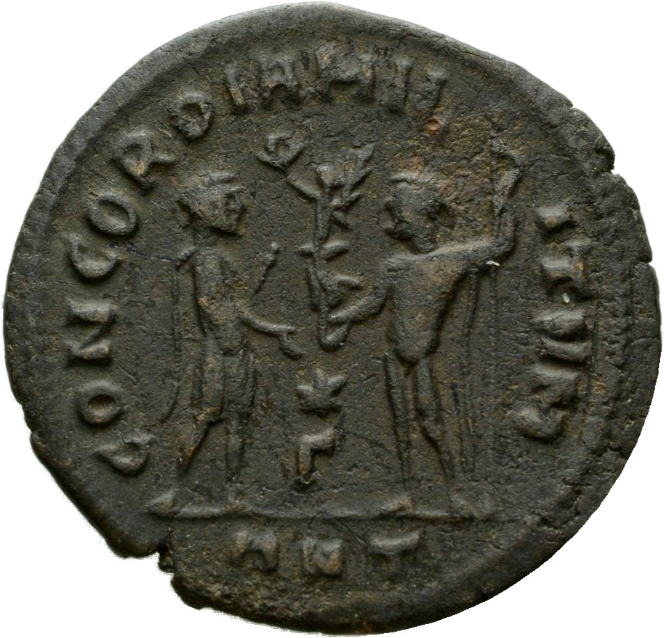 RIC VI Antioch 61b Diocletian reverse, Galerius, draped, cuirassed, standing right, receiving small Victory on globe from ...