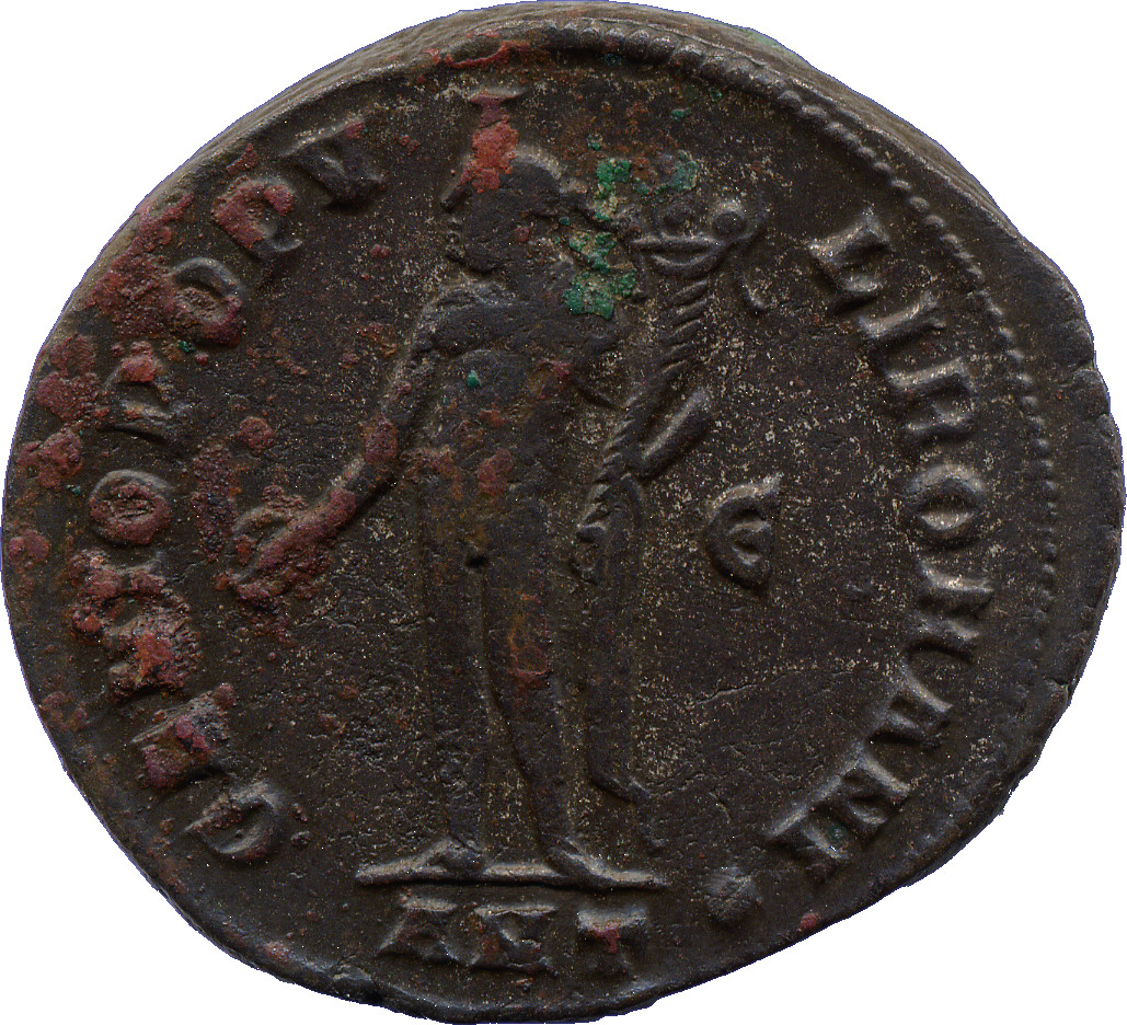 RIC VI Antioch 71b Maximinus Daia reverse, Genius, wearing modius, nude, chlamys draped over left shoulder, standing left,...